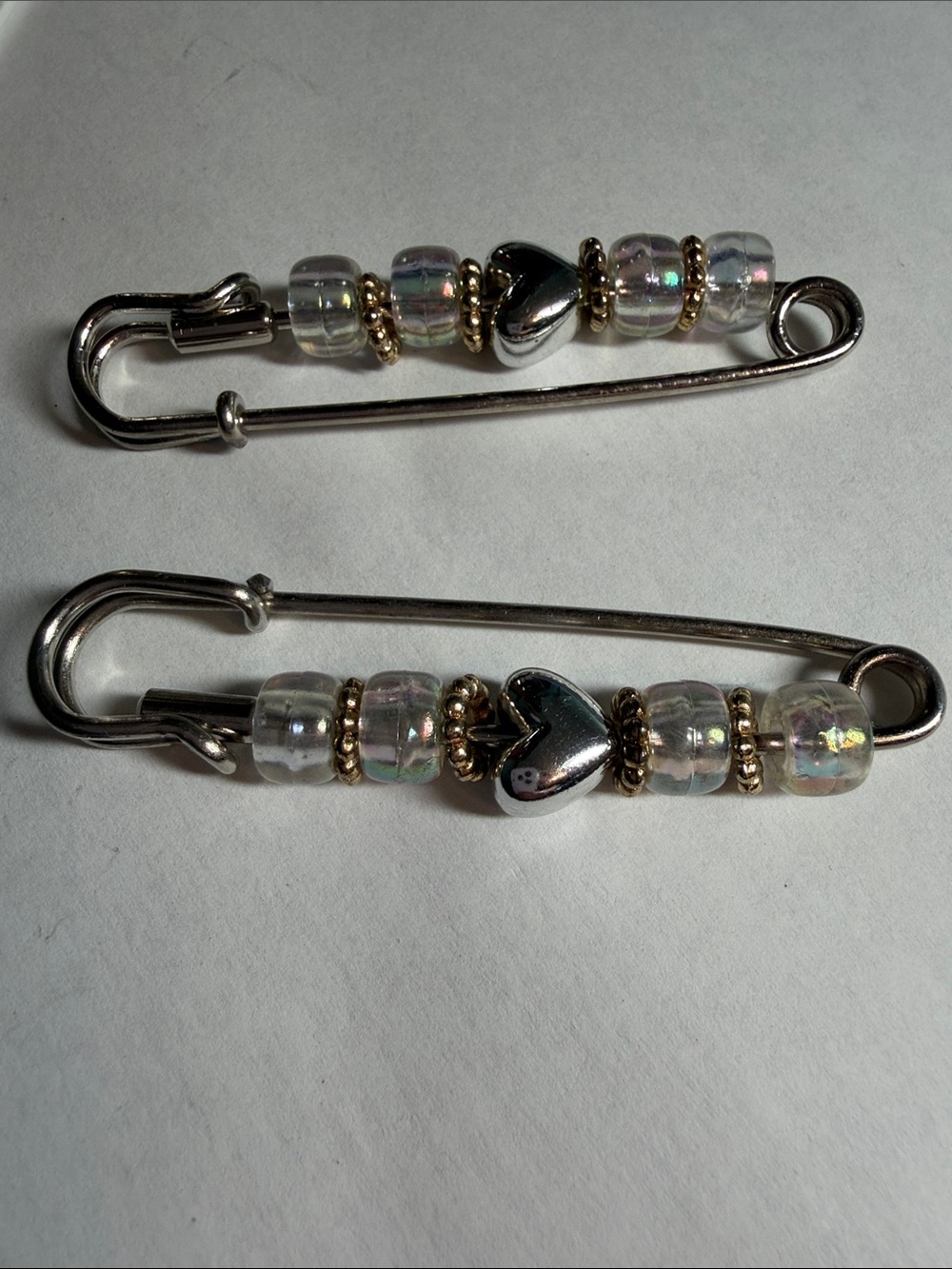 Vintage Beaded Safety Pin Brooches with Heart Accents - Silver & Iridescent